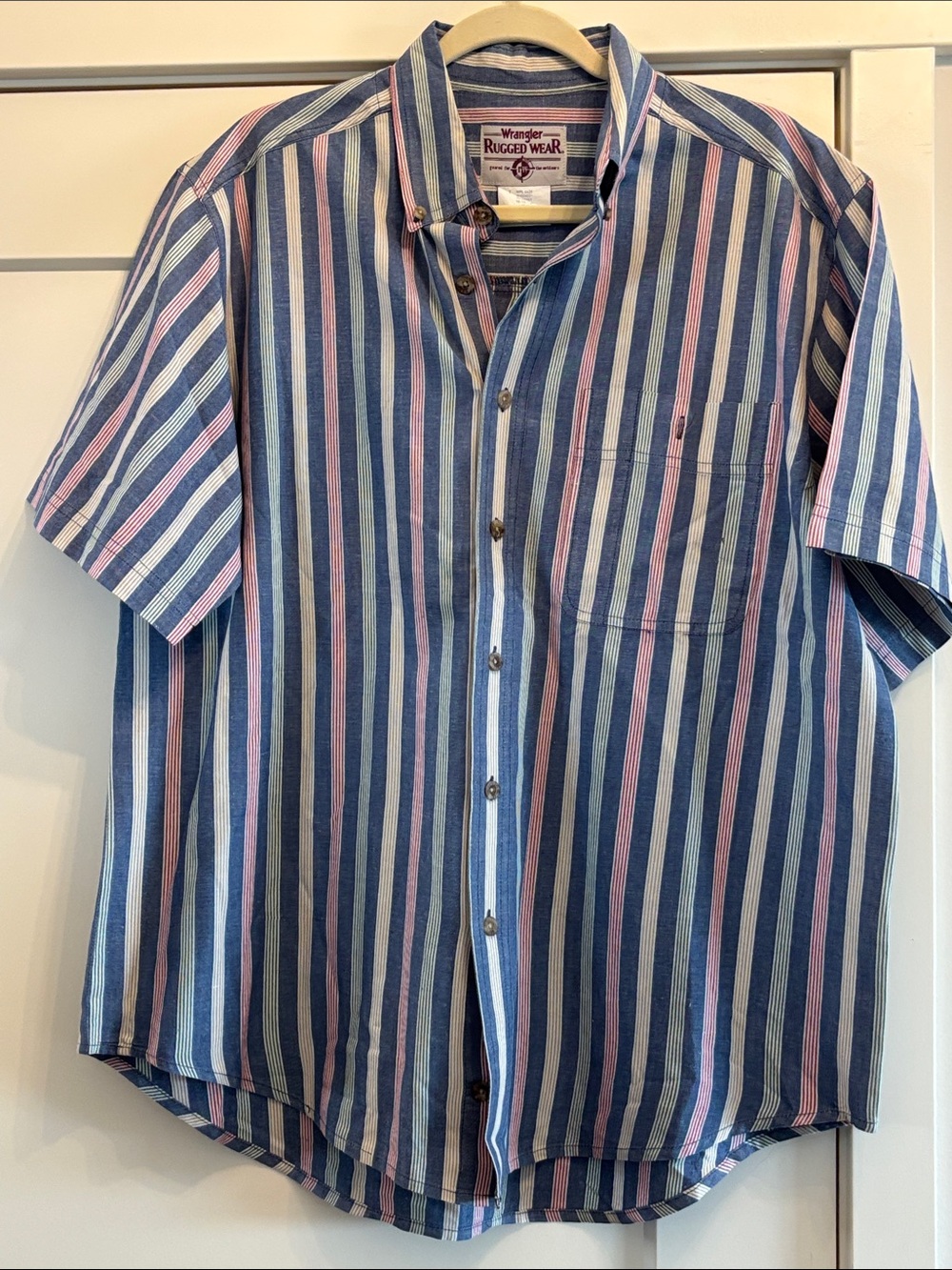Wrangler Striped Short-Sleeve Button-Down in Blue and Pink